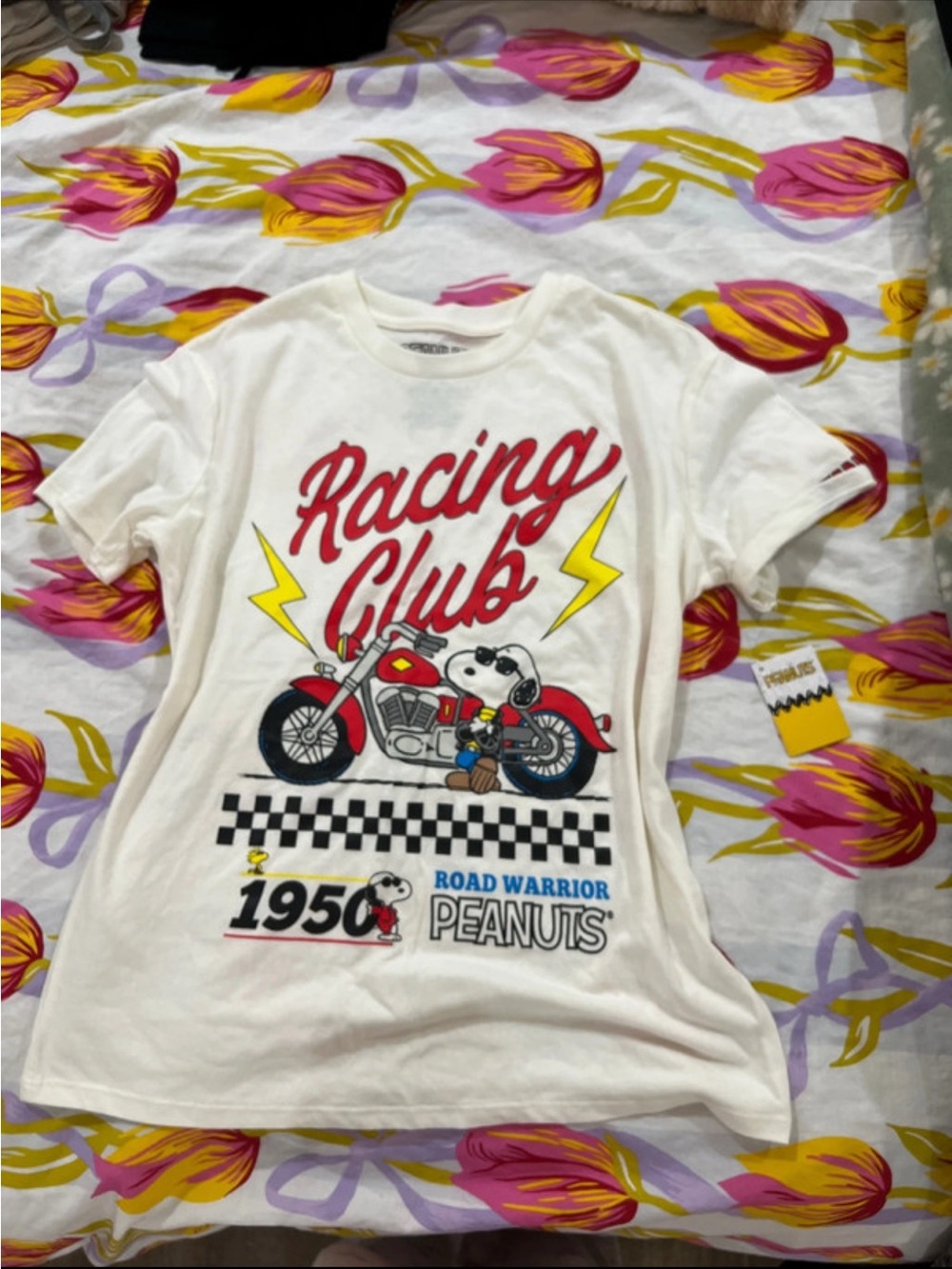 Peanuts White Racing Club Tee with Red & Yellow Accents